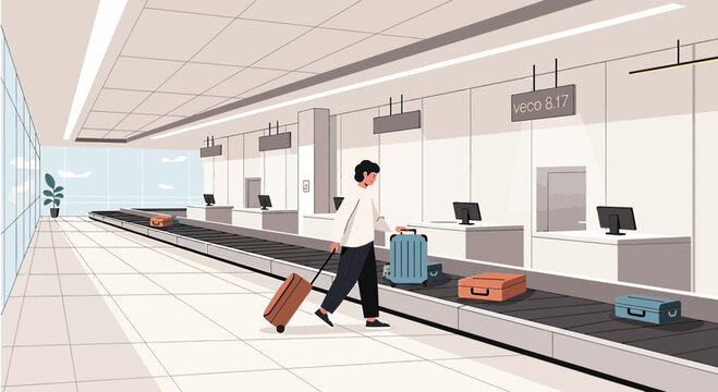 Traveler with suitcase at airport baggage claim carousel