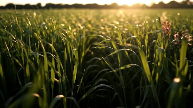 Green grass field at sunset rural.
