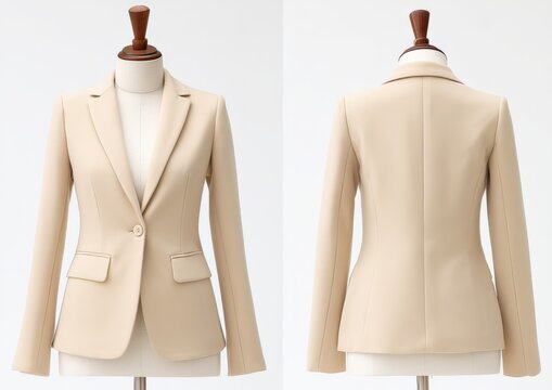 Elegant Beige Women's Blazer Jacket Front and Back View on Mannequin