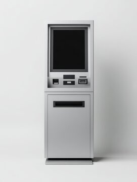 Modern Self-Service Kiosk Machine with Touchscreen Display and Payment Terminal on White Background