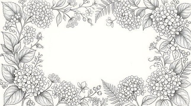  Elegant Hydrangea Floral Frame Black and White Line Art Botanical Border Design with Ferns and Leaves Blank Center for Wedding Invitation