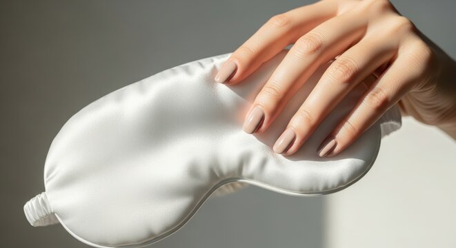 Close-up view of a woman's hand holding an elegant smooth white silk sleep mask for relaxation and rejuvenation during nighttime rest periods