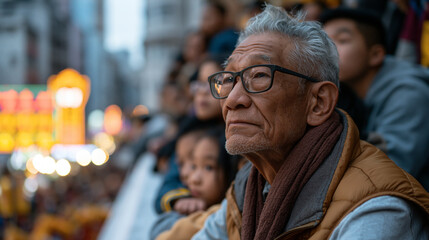 Obraz premium Elderly man in a padded vest watching a dragon dance from a crowded balcony above the street during a Chinese New Year parade while grandchildren lean over the railing beside him