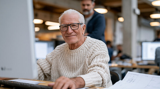 Retired factory worker attending a vocational retraining course practices computer-aided design on a workstation in a community college lab, an instructor standing nearby, the