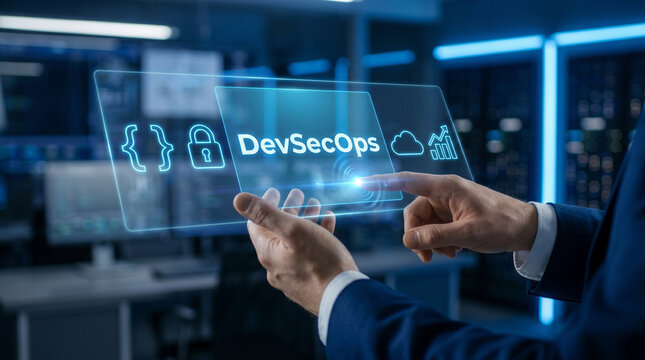 Professional engineer touching a bright blue holographic screen displaying modern devsecops software development security system interface