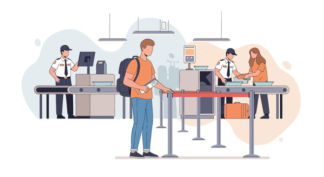 Airport security check queue, traveler with backpack passing through scan