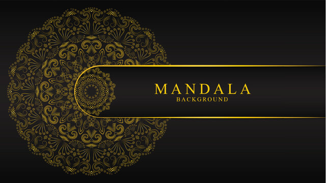 Gold mandala design with text on dark background