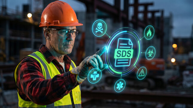 Professional construction site supervisor interacting with a digital safety data sheet interface using futuristic holographic technology