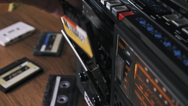 A man's hand presses the eject button and removes a vintage audio cassette from a retro stereo boombox. Concept of 80s and 90s nostalgia, old music technology, and obsolete media.