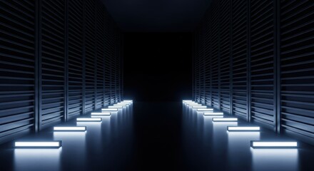 Fototapeta premium Futuristic Dark Corridor with Glowing Neon Lights on Floor, 3D Render of High-Tech Server Room Interior