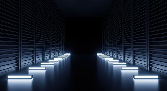 Futuristic Dark Corridor with Glowing Neon Lights on Floor, 3D Render of High-Tech Server Room Interior