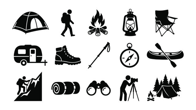 Collection of camping and outdoor adventure icons including tent hiker campfire lantern chair trailer boot trekking pole compass kayak mountain