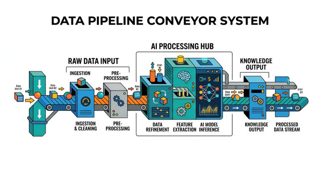 Data pipeline conveyor system with AI processing hub during knowledge output
