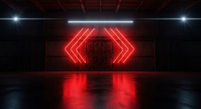 Futuristic Dark Industrial Warehouse with Red Neon Chevron Lights and Reflective Floor Background