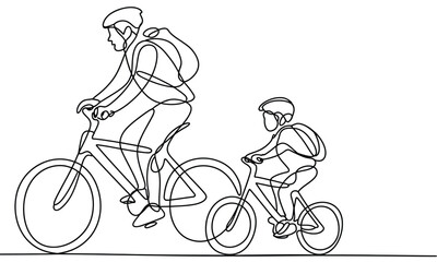 Fototapeta premium Continuous line drawing of a father and son wearing helmets riding bicycles together on an outdoor family weekend activity.