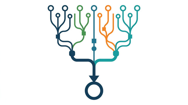 Abstract branching network diagram with central downward arrow indicating convergence in a clean modern style
