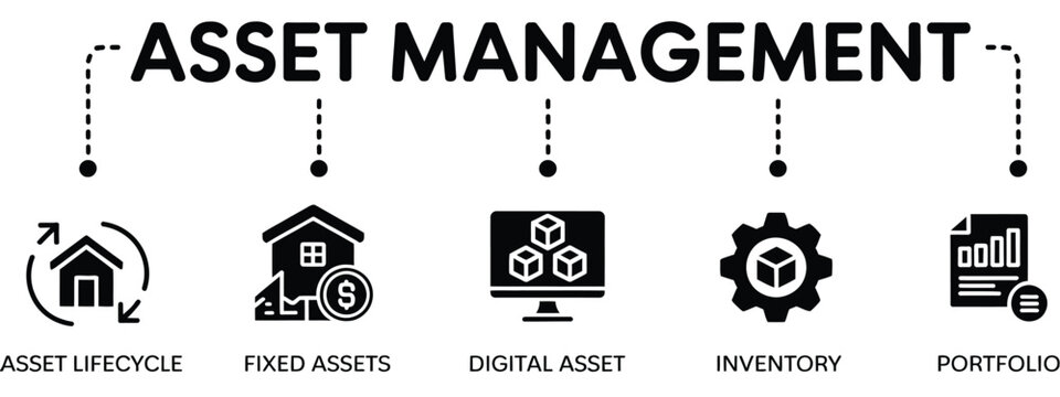 Asset management infographic icon set featuring lifecycle fixed digital assets inventory and portfolio symbols for corporate business strategy planning presentation.