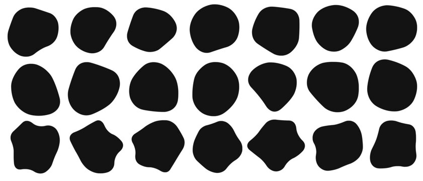 Black organic blob shapes set, irregular amorphous amoeba fluid silhouette collection, abstract rounded liquid spot, flat vector design elements.