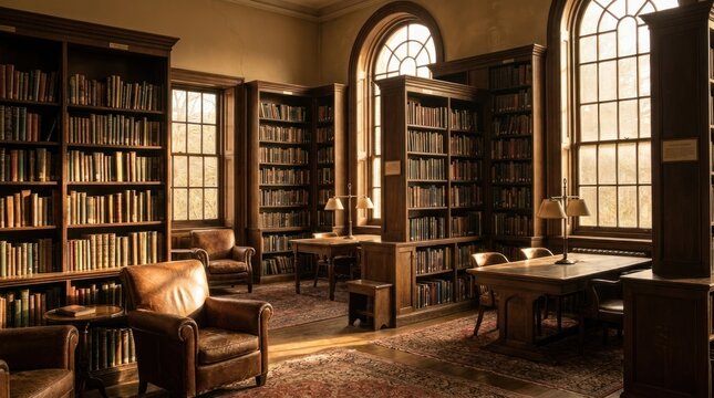 Cozy library with vintage furnishings, wooden shelves and large arched windows letting in warm sunlight
