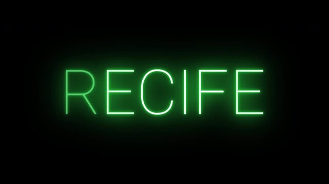 Flickering neon green glowing recife sign animated black background.