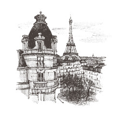 Obraz premium Architecture sketch draw graphic illustration black and white, Drawing urban landscape black and white graphics Paris, Liner sketches architecture of France Paris