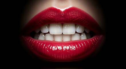 Fototapeta premium Close up shot of human female lips painted with vibrant glossy red makeup.