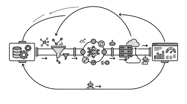 Data pipeline flow with machine learning nodes and cloud storage for business analytics