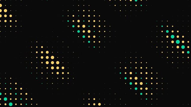 Halftone dot grid patterns shimmering in teal and gold colors across black background for digital display overlays