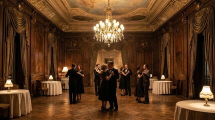 Fototapeta premium Elegant vintage ballroom with chandeliers, dancers in black attire, classic wooden decor