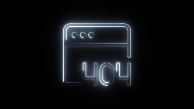 Neon 404 error page icon on black background with glowing effect