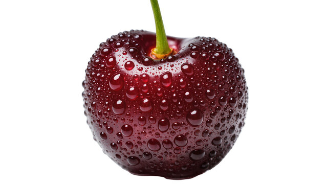 Single ripe dark red cherry covered in water droplets, isolated on transparent background