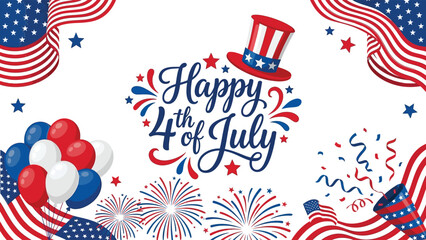 Obraz premium Celebratory 4th of july independence day greeting with patriotic balloons fireworks and festive decorations