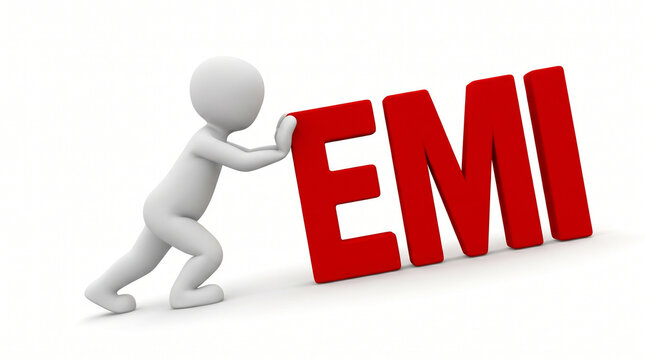 Small white three dimensional character pushing the red letters emi on a bright white background