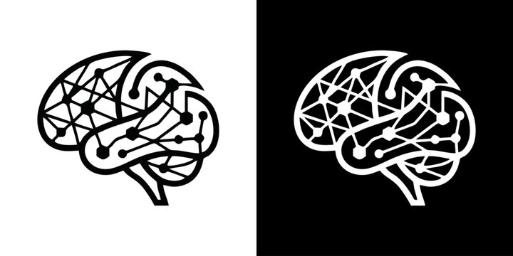 A detailed illustration of brains with geometric patterns on black and white backgrounds