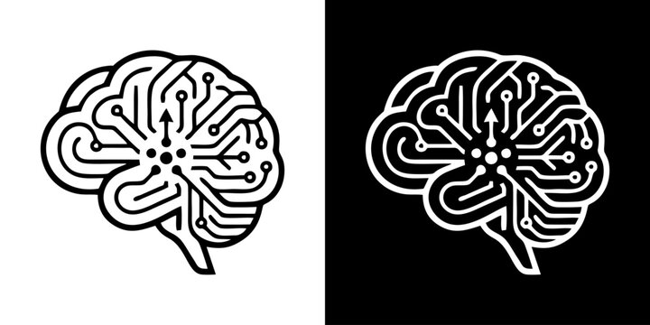 A detailed illustration of two brain designs on white and black backgrounds