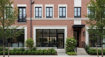 Naklejka premium Modern townhouse exterior with landscaping and black framed windows on a residential street