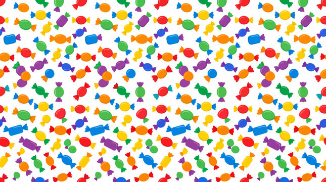 Colorful wrapped hard candy seamless pattern on white background