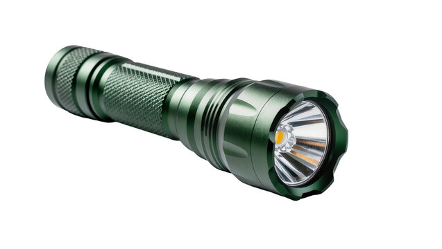 Green metal flashlight with textured grip, isolated on transparent background