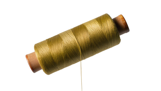 Golden thread spool with wooden ends, isolated on transparent background