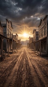 Atmospheric evening in wild west ghost town with dusty street and classic wooden saloon building.