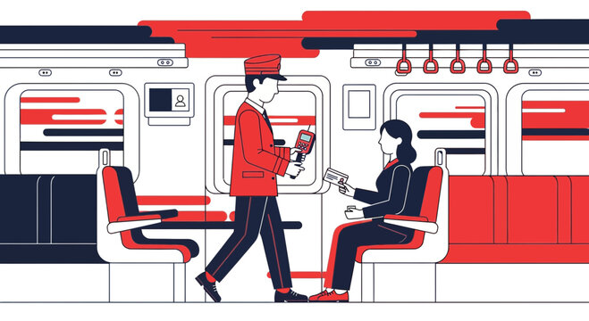 Train conductor checking ticket of passenger inside a modern train carriage