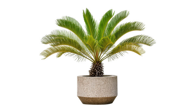 Sago palm plant in a speckled concrete pot, isolated on transparent background