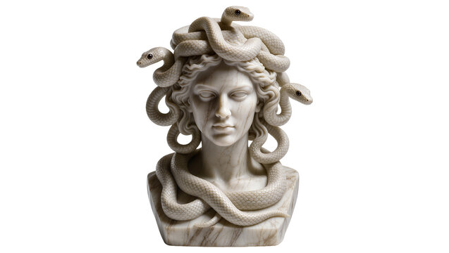 Marble Medusa bust with coiled snakes for hair, isolated on transparent background
