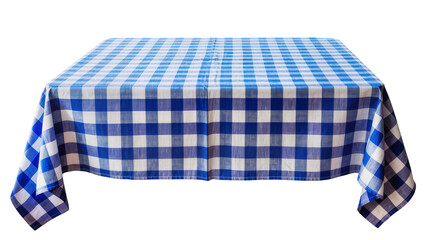 Fototapeta premium Blue and white checkered tablecloth draped over a table, isolated on transparent background