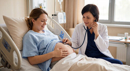Obraz premium Doctor checks pregnant woman's belly with stethoscope during medical examination