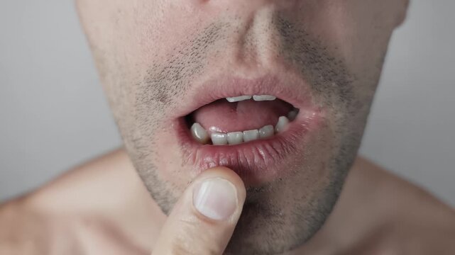Macro shot shows a man pulling down his lower lip to inspect crooked incisors. The dental examination reveals gums and an unshaven jaw against a plain studio background.