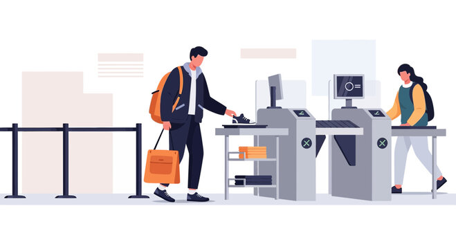 Traveler at airport security checkpoint, modern scanner and gate
