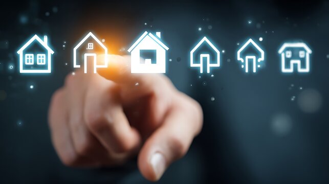 Touchscreen interface displaying home icons, digital house selection system