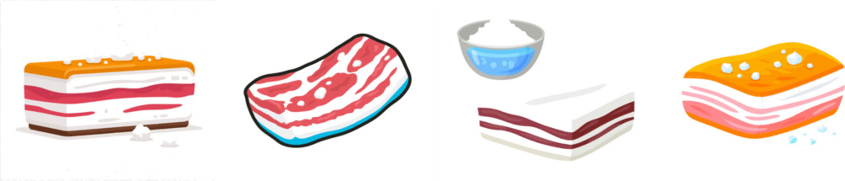 A culinary flat vector graphic depicts a thick slab of fatback salt pork sliced open with visible layers of dense white fat and large salt crystals, isolated on a solid white background