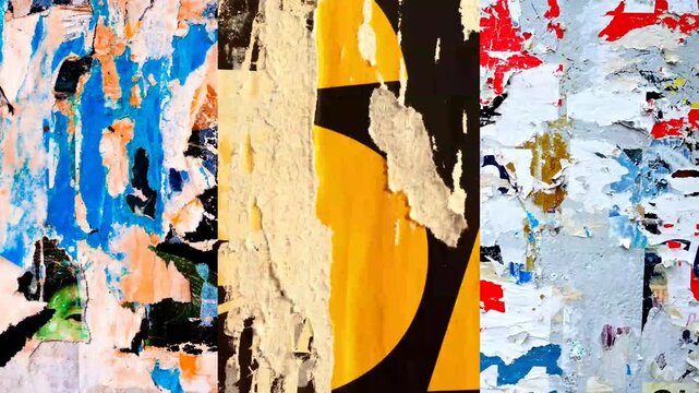 Old colorful posters ripped torn crumpled paper abstract grunge texture wall backdrop placard surface, seamless loop collage urban street posters slideshow background	